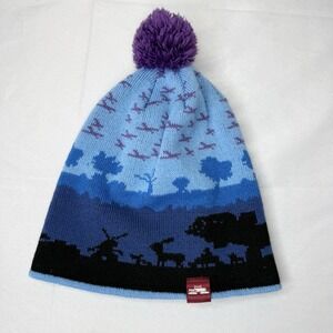 Spacecraft Winter Blue Purple Pom Beanie One Size Trees Stocking Cap Snow